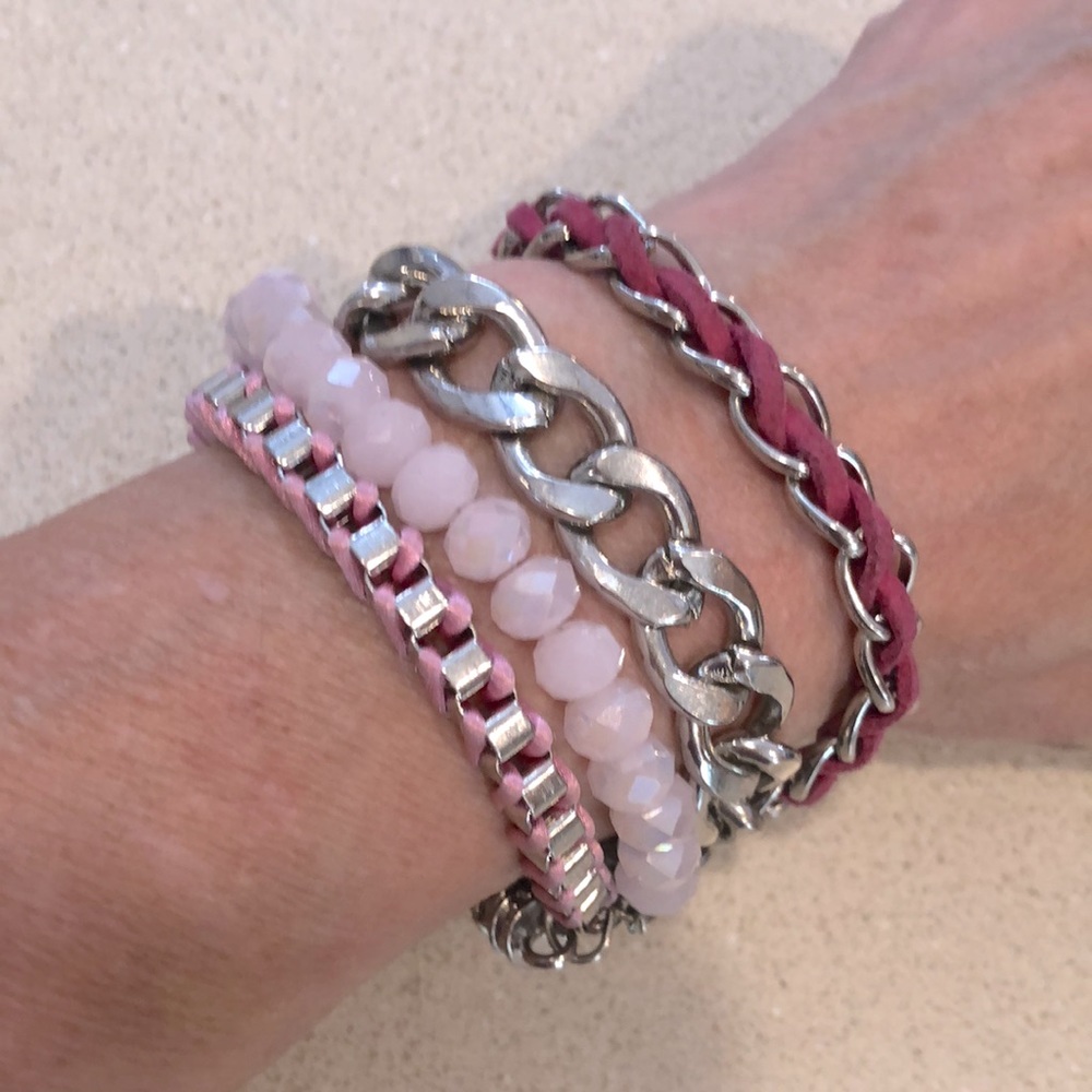 MULTI STRAND MIXED MATERIALS FASHION BRACELET PINK SILVER